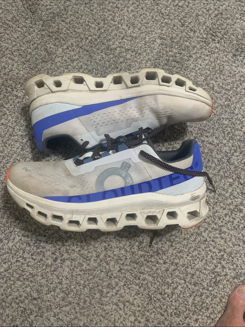 On Running Men's Cloudmonster Sneakers in White with Blue and Orange Accents
